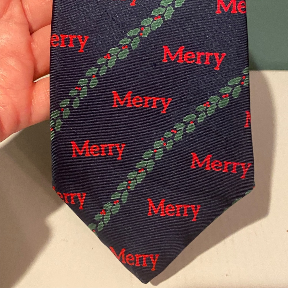 Horchow“Merry” Skinny Christmas / Holiday Tie - Navy Blue